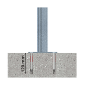 Verzinkt-blauwe beschermpaal Ø60 mm, gemonteerd met betonverankering van 120 mm diep.