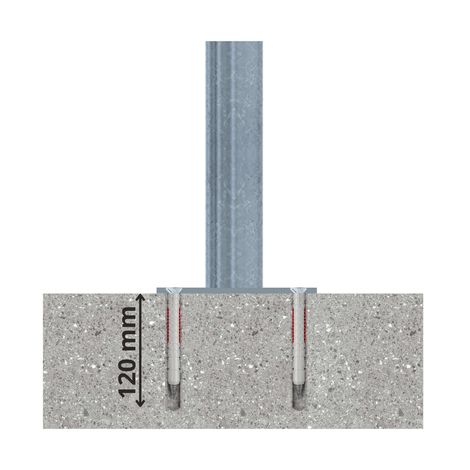 Verzinkt-blauwe beschermpaal Ø60 mm, gemonteerd met betonverankering van 120 mm diep.