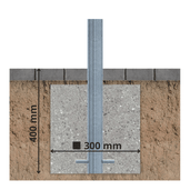 Verzinkte beschermpaal Ø60 mm, 400 mm diep in betonfundering van 300 mm breed, voor grondverankering.