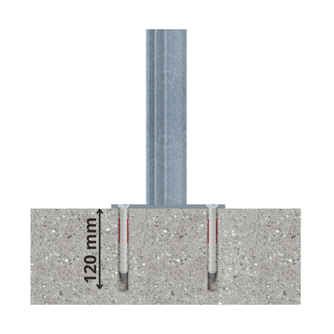 Verzinkt stalen beschermpaal Ø60 mm, gemonteerd op beton met 120 mm ankers.