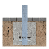Verzinkt stalen beschermpaal (70x70 mm) in betonfundering (300x400 mm) voor grondverankering.