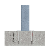 Verzinkt stalen beschermpaal 70x70 mm, verankerd in beton met 120 mm diepe bevestigingen.