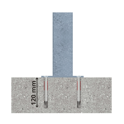 Verzinkt stalen beschermpaal 70x70 mm, verankerd in beton met 120 mm diepe bevestigingen.