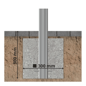 RVS beschermpaal Ø76 mm, ingegraven in beton met 300 mm diepte en breedte.