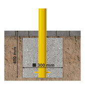 Gele beschermpaal Ø76 mm, ingebetonneerd met 400 mm diepte en 300 mm breedte.