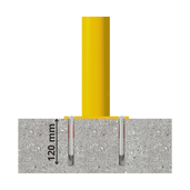 Gele beschermpaal Ø76 mm met betonverankering, 120 mm diep.