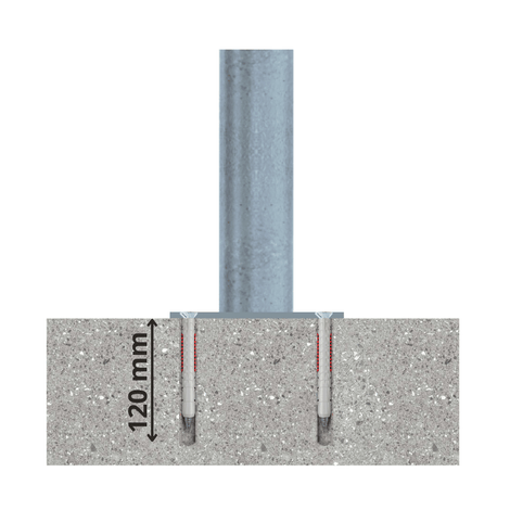 Verzinkt-blauwe beschermpaal Ø76 mm, verankerd in beton met 120 mm diepe bevestigingen.