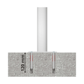 Witte beschermpaal Ø76 mm met betonverankering, 120 mm diep in grijs beton.