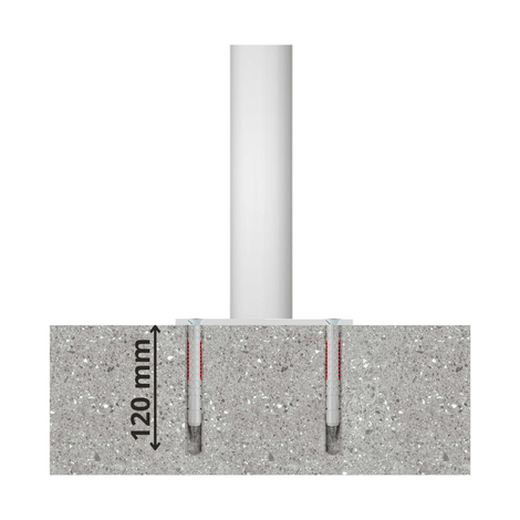 Witte beschermpaal Ø76 mm met betonverankering, 120 mm diep in grijs beton.
