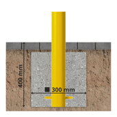 Gele beschermpaal Ø89 mm, verankerd in beton met 400 mm diepte en 300 mm breedte.