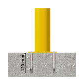 Gele beschermpaal Ø89 mm, geplaatst in beton met 120 mm diepe ankers.