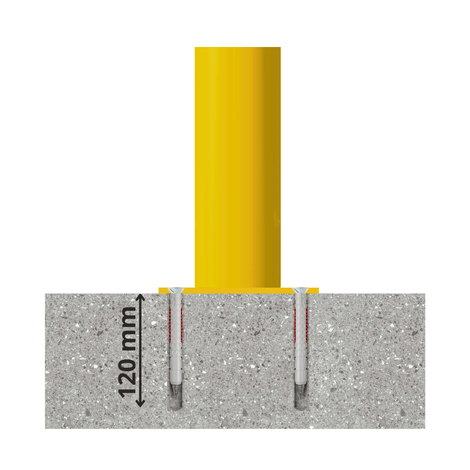 Gele beschermpaal Ø89 mm, geplaatst in beton met 120 mm diepe ankers.