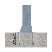 Verzinkte neerklapbare afzetpaal met 70x70 mm profiel, stevig verankerd in beton met 120 mm diepe bevestiging.