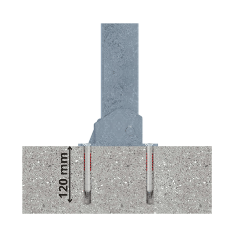 Verzinkte neerklapbare parkeerpaal, 70x70 mm, met 120 mm diepe verankering in beton.