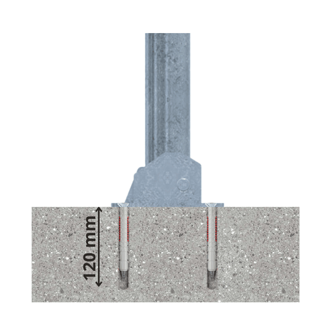 Verzinkte neerklapbare parkeerpaal Ø76 mm, stevig verankerd in beton met 120 mm diepe bevestigingen.