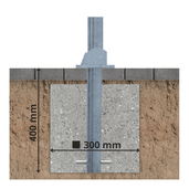 Verzinkte neerklapbare parkeerpaal Ø60 mm, ingegraven met betonnen fundering van 400x300 mm.