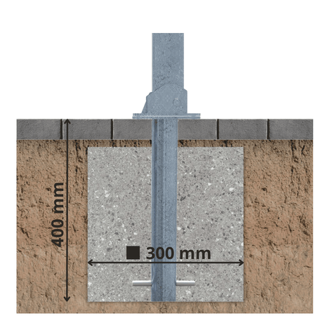 Verzinkte neerklapbare parkeerpaal, 70x70 mm, met 300x400 mm betonfundering in de grond.