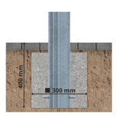 Verzinkt stalen parkeerpaal Ø102 mm, verankerd in beton met afmetingen 300x400 mm.