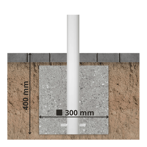 Witte parkeerpaal Ø60 mm, verankerd in een betonnen fundering van 400x300 mm onder straatwerk.