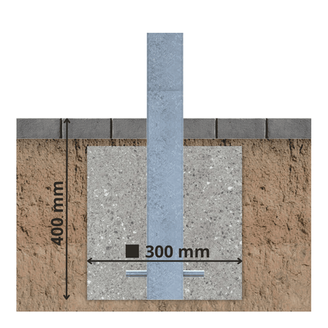 Verzinkt stalen parkeerpaal 70x70 mm, verankerd in 300x400 mm betonfundering.