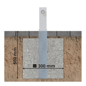 Doorsnede van een verzinkte uitneembare parkeerpaal, 70x70 mm, met grondanker en betonfundering.