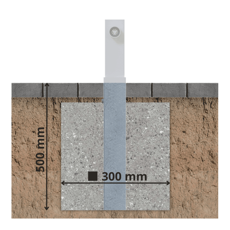 Doorsnede van een verzinkte uitneembare parkeerpaal, 70x70 mm, met grondanker en betonfundering.