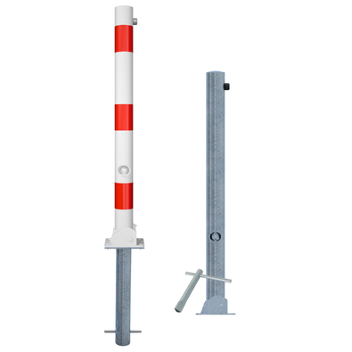 Wit-rode neerklapbare afzetpaal Ø60 mm en een verzinkte variant met slotopties, staand op een witte achtergrond.