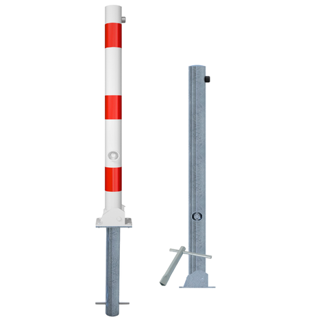 Wit-rode neerklapbare afzetpaal Ø60 mm en een verzinkte variant met slotopties, staand op een witte achtergrond.