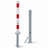 Wit-rode neerklapbare afzetpaal 70x70 mm naast een verzinkt model met slotoptie