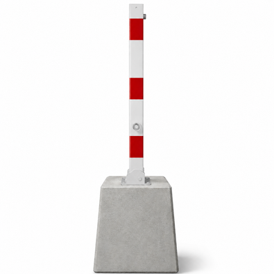 Wit-rode neerklapbare parkeerpaal 70x70 mm met betonvoet en driekantslot