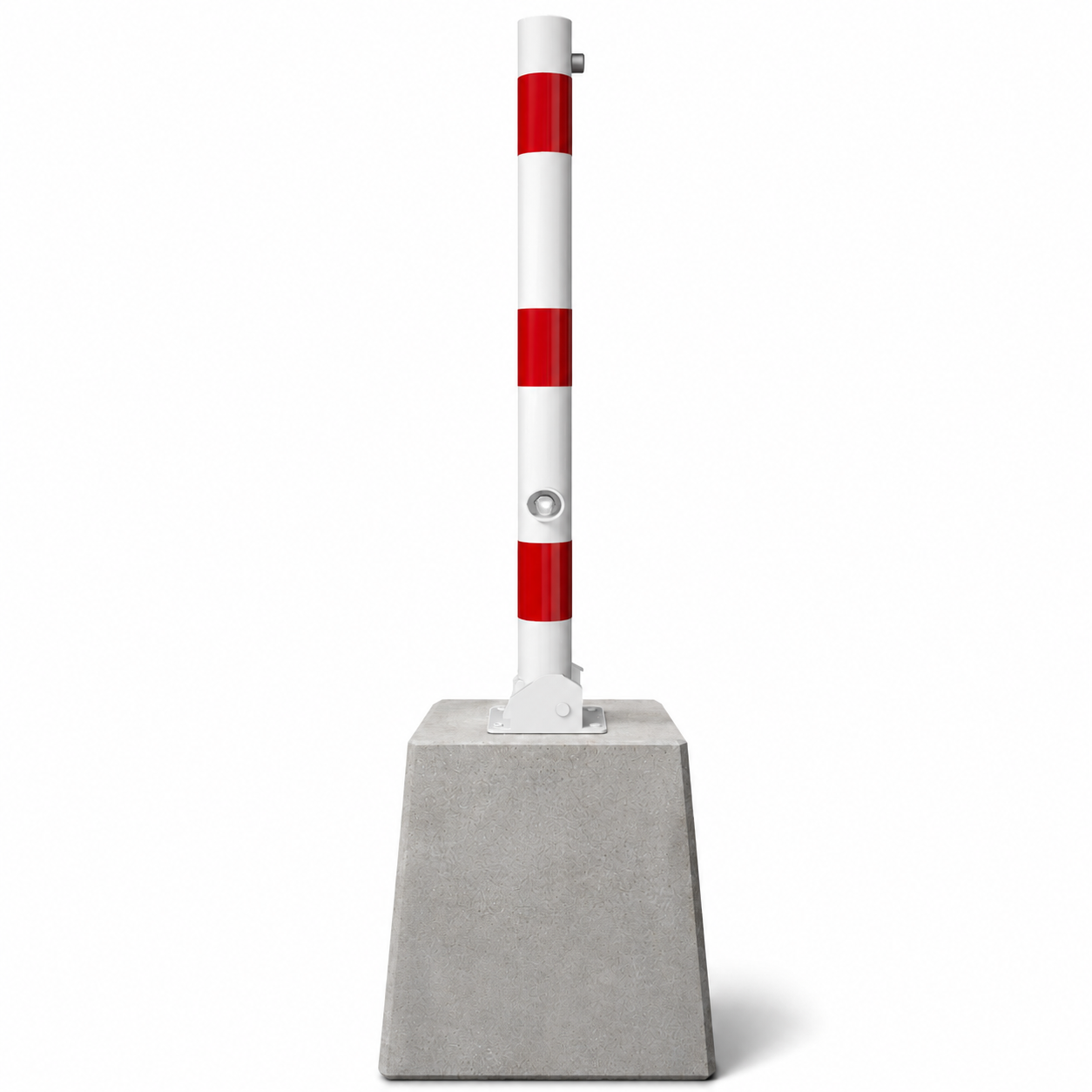 Parkeerpaal met betonvoet Ø76 mm neerklapbaar met slot in wit-rood of verzinkt