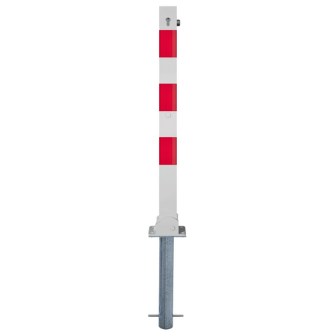 Wit-rode neerklapbare afzetpaal 70x70 mm met cilinderslot en betonverankering.