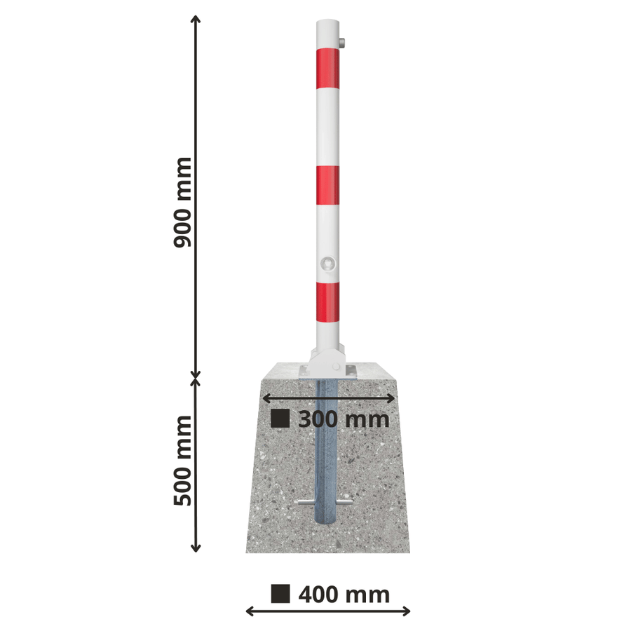 Neerklapbare afzetpaal Ø60 mm met betonvoet | Wit-rood of verzinkt
