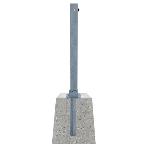 Verzinkte neerklapbare afzetpaal 70x70 mm met cilinderslot, gemonteerd in een betonnen voet.