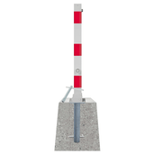 Wit-rode neerklapbare afzetpaal 70x70 mm met betonvoet, zij-aanzicht.