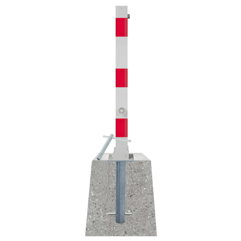 Wit-rode neerklapbare afzetpaal 70x70 mm met betonvoet, zij-aanzicht.