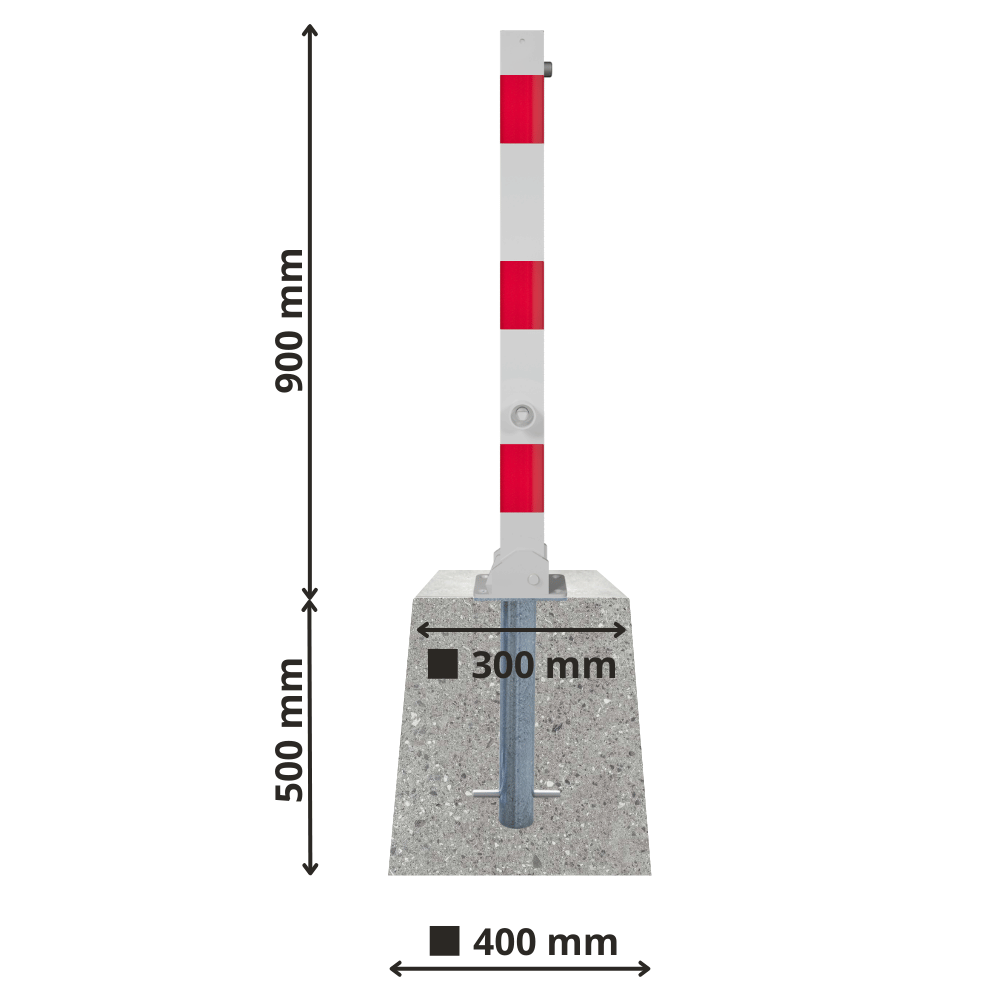 Neerklapbare afzetpaal 70x70 mm met betonvoet | Wit-rood of verzinkt