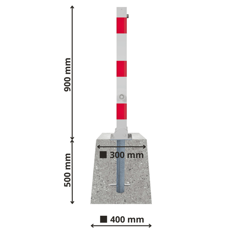 Wit-rode neerklapbare afzetpaal 70x70 mm met betonvoet, 900 mm hoog, 500 mm in beton verankerd.