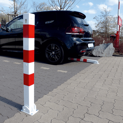 Neerklapbare afzetpaal 70x70 mm met betonvoet | Wit-rood of verzinkt