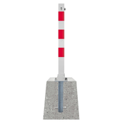Wit-rode neerklapbare afzetpaal 70x70 mm met betonvoet en cilinderslot, staand.
