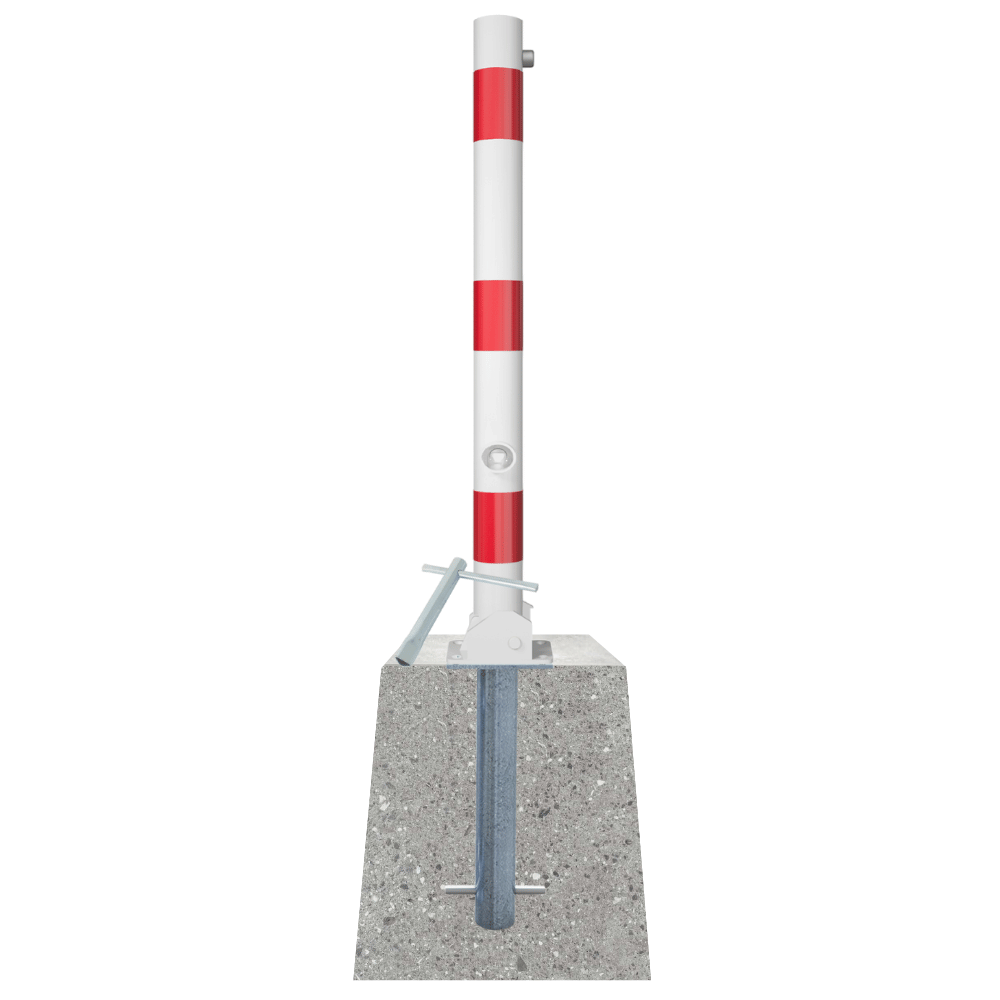 Neerklapbare afzetpaal Ø76 mm wit-rood met betonvoet