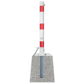 Wit-rode neerklapbare afzetpaal Ø76 mm met betonvoet voor verkeersbeheer.