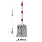 Wit-rode neerklapbare afzetpaal (Ø76 mm) met betonvoet (400x300x500 mm), totale hoogte 1400 mm.
