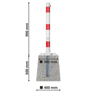 Neerklapbare afzetpaal Ø76 mm met betonvoet | Wit-rood of verzinkt