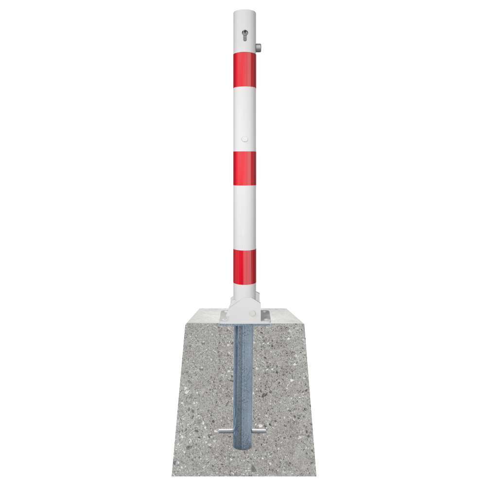 Neerklapbare afzetpaal Ø76 mm met betonvoet | Wit-rood of verzinkt