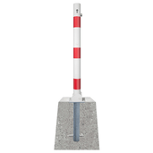 Wit-rode neerklapbare afzetpaal Ø76 mm met betonvoet en cilinderslot.