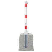 Wit-rode neerklapbare afzetpaal Ø76 mm met driekantslot en stevige betonvoet.