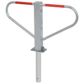 Verzinkte parkeerbeugel met rood bovendeel, voor betonverankering.