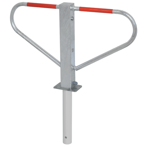 Verzinkte parkeerbeugel met rood bovendeel, voor betonverankering.