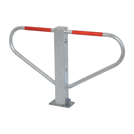 Verzinkt/rood parkeerbeugel met voetplaat, robuust stalen ontwerp.